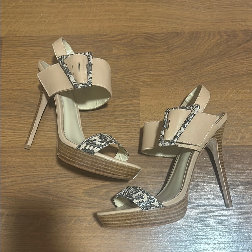 Cream and Tan Platform Stiletto Heels with Straps